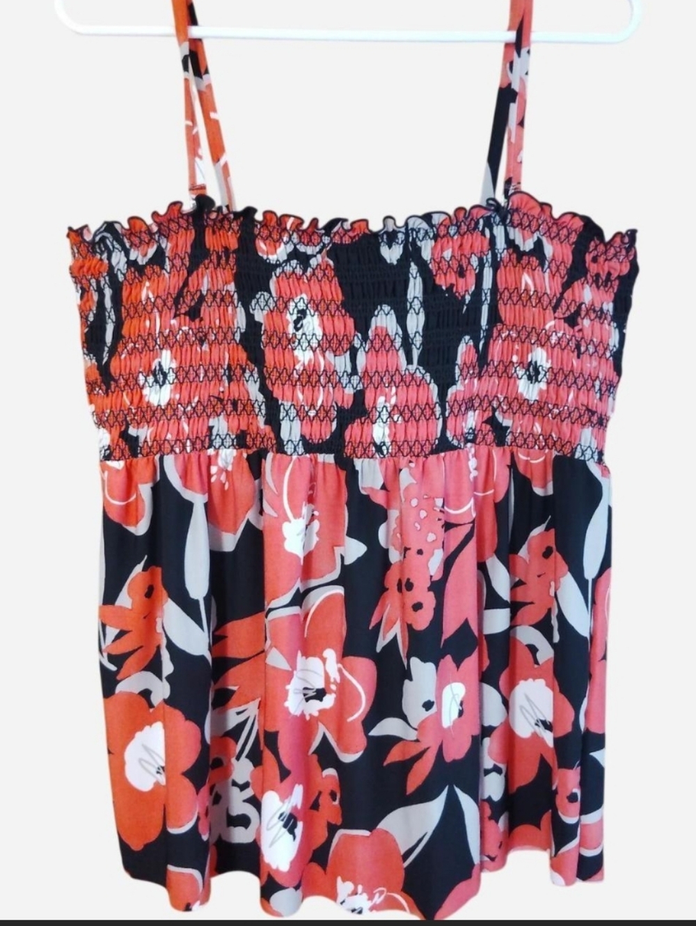 Floral Smocked Tankini Top Swimsuit in Pink and Black
